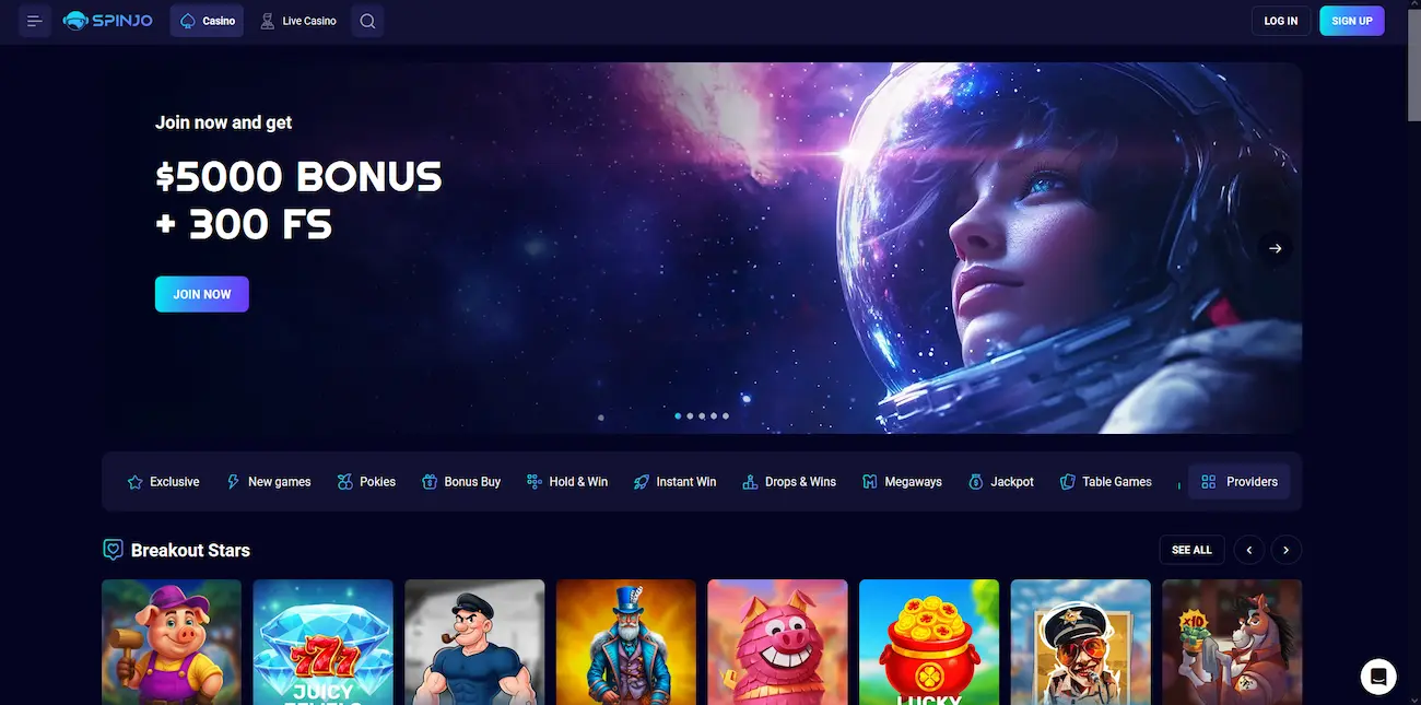 Spinjo Casino lobby with pokies and live casino navigation for Australian players