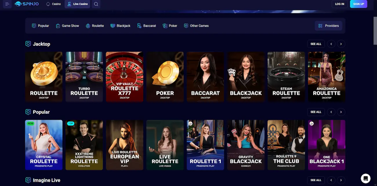 Spinjo live casino dealer tables streamed in HD