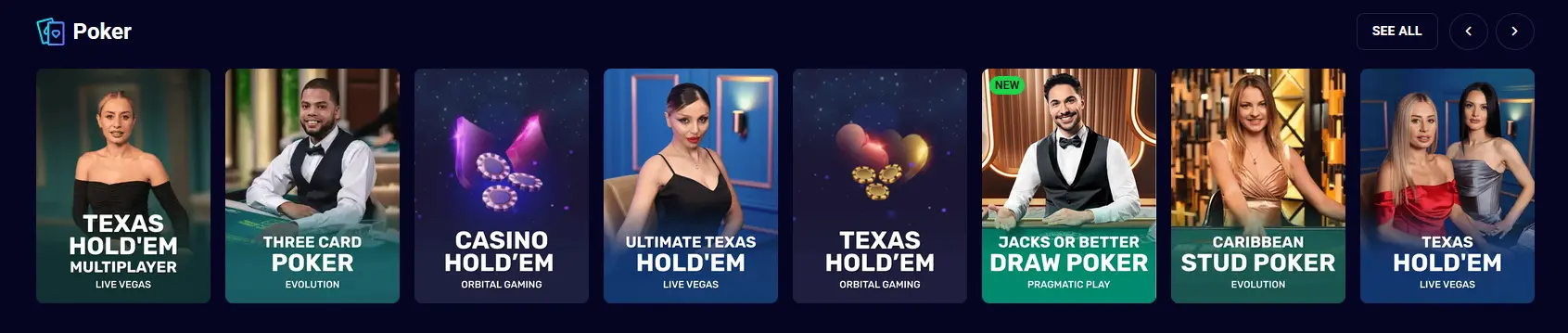 Spinjo live poker room with Casino Hold'em and Three Card Poker