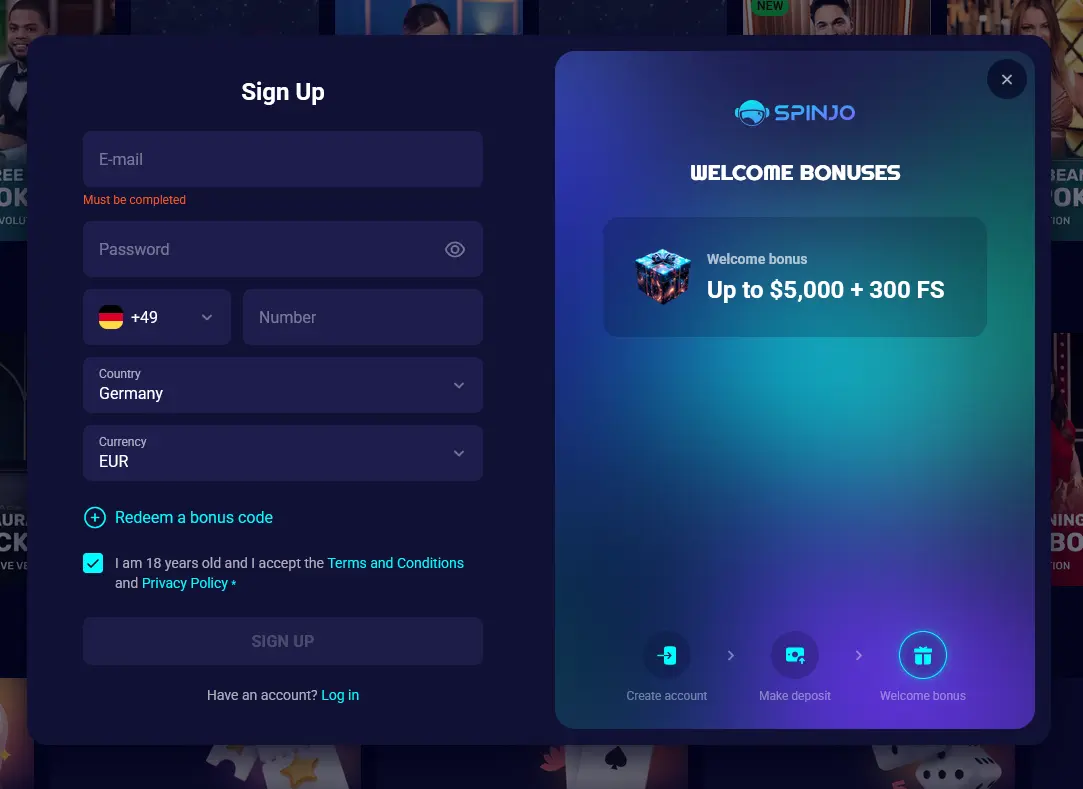 Spinjo account registration form for new Australian players